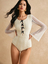 Poéselle Women's Lace Patchwork Long Sleeve Bodysuit, Casual Everyday Wear